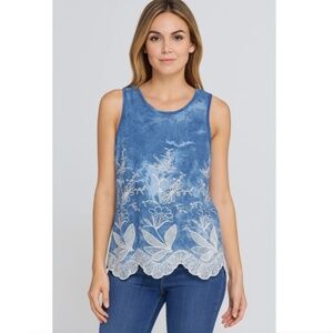 SW New York Women's Blue Top Large Embroidered Floral Scallop Hem Sleeveless